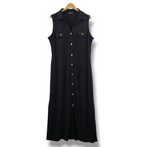 Nina Leonard Maxi Shirt Dress Button Front 1X Sleeveless Black Gold Slit Stretch